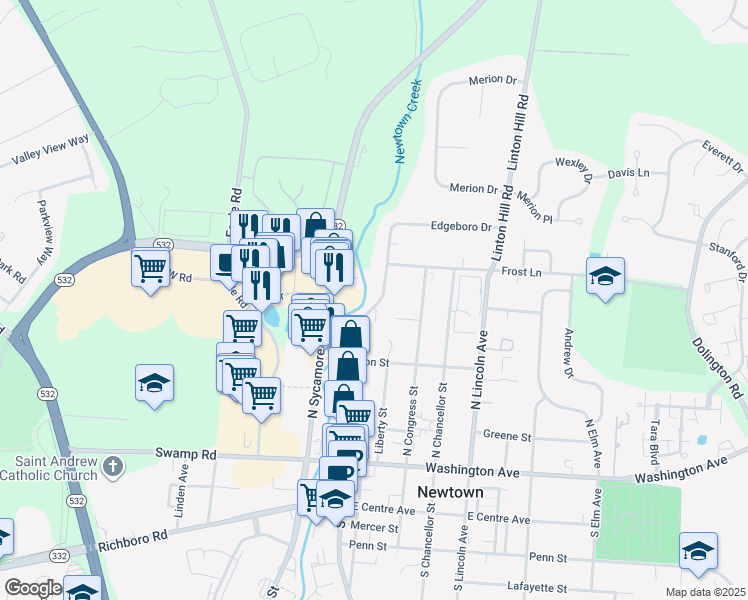 map of restaurants, bars, coffee shops, grocery stores, and more near 300 North State Street in Newtown