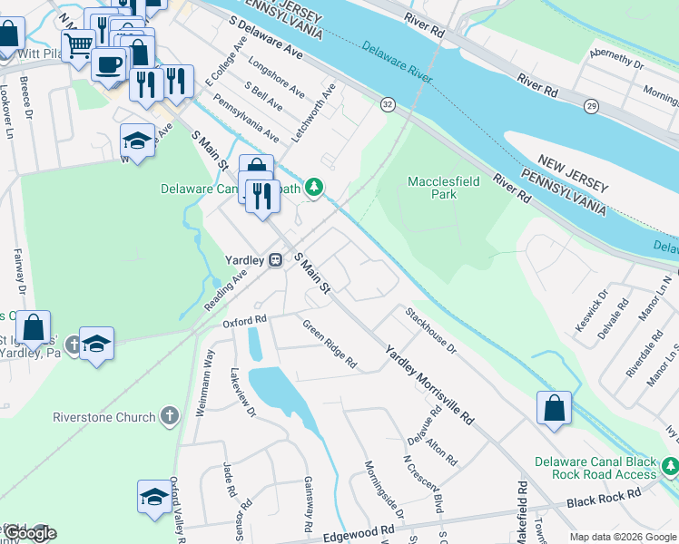 map of restaurants, bars, coffee shops, grocery stores, and more near 710 Yardley Cmns in Yardley