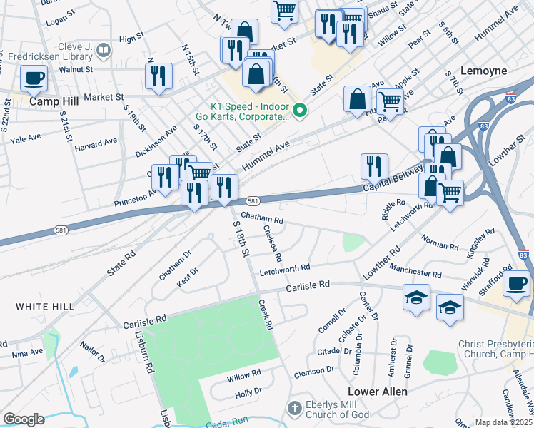 map of restaurants, bars, coffee shops, grocery stores, and more near 1622 Chatham Road in Camp Hill