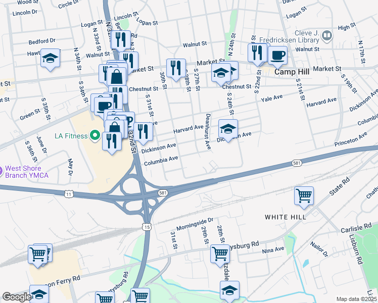 map of restaurants, bars, coffee shops, grocery stores, and more near 2820 Columbia Avenue in Camp Hill