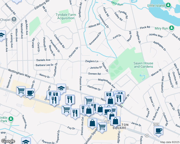 map of restaurants, bars, coffee shops, grocery stores, and more near 12 Doreen Rd in Hamilton Township