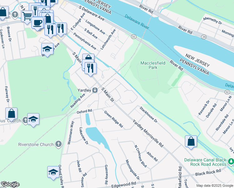 map of restaurants, bars, coffee shops, grocery stores, and more near 704 Yardley Commons in Yardley