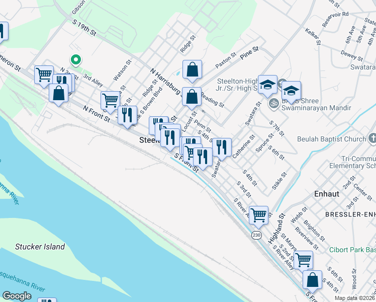 map of restaurants, bars, coffee shops, grocery stores, and more near 44 South 2nd Street in Steelton