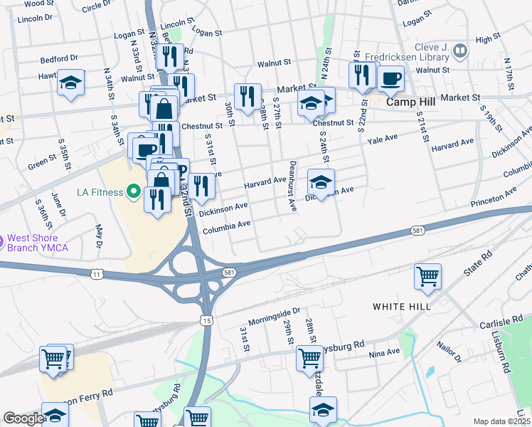 map of restaurants, bars, coffee shops, grocery stores, and more near 2820 Columbia Avenue in Camp Hill