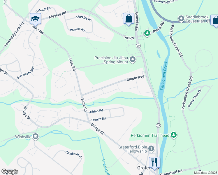 map of restaurants, bars, coffee shops, grocery stores, and more near 246 Maple Avenue in Collegeville