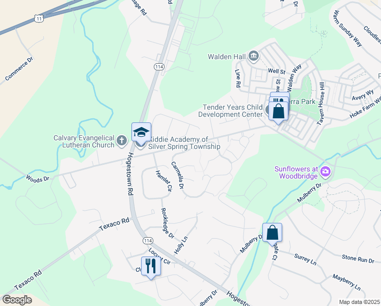 map of restaurants, bars, coffee shops, grocery stores, and more near 421 Carmella Drive in Mechanicsburg