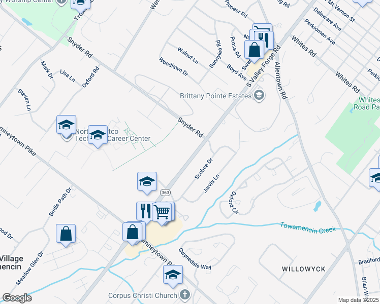 map of restaurants, bars, coffee shops, grocery stores, and more near 1160 South Valley Forge Road in Lansdale