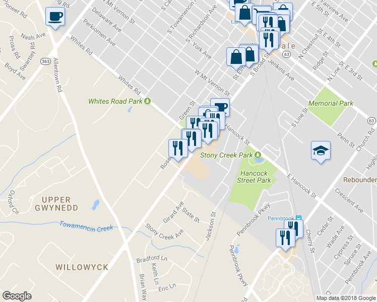 map of restaurants, bars, coffee shops, grocery stores, and more near 612 South Broad Street in Lansdale