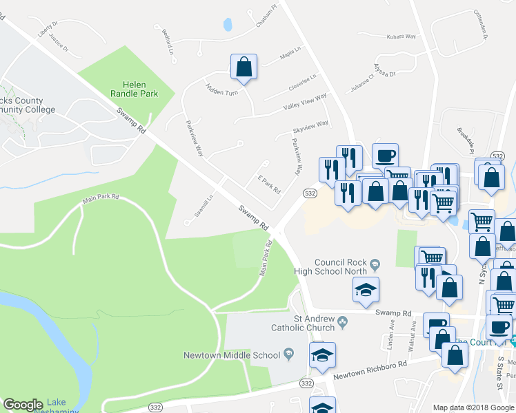 map of restaurants, bars, coffee shops, grocery stores, and more near 215 Parkview Way in Newtown