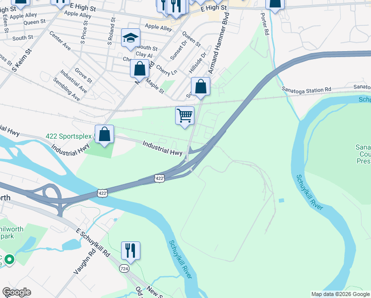 map of restaurants, bars, coffee shops, grocery stores, and more near 1700 Industrial Highway in Pottstown