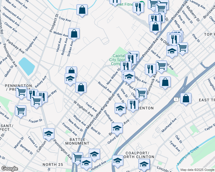 map of restaurants, bars, coffee shops, grocery stores, and more near North Willow Street in Trenton
