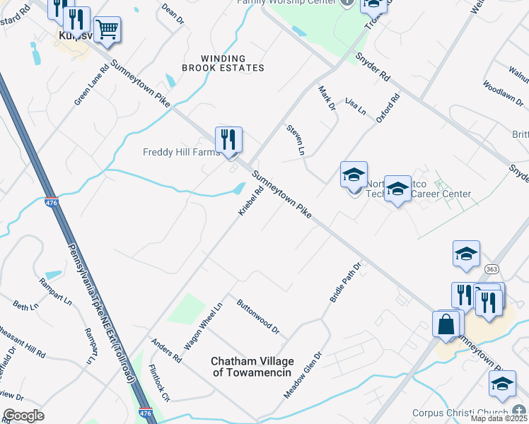 map of restaurants, bars, coffee shops, grocery stores, and more near 1529 Kriebel Road in Lansdale