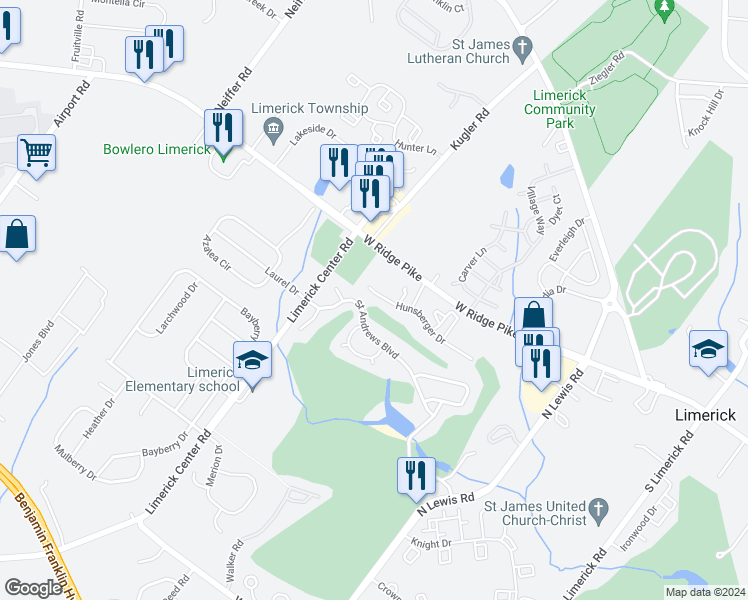 map of restaurants, bars, coffee shops, grocery stores, and more near 208 Hunsberger Drive in Royersford