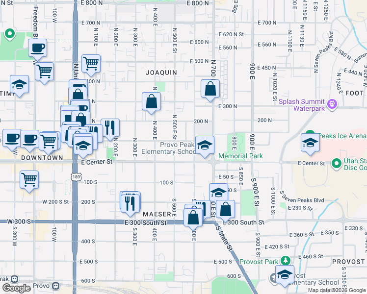 map of restaurants, bars, coffee shops, grocery stores, and more near 56 North 500 East Street in Provo