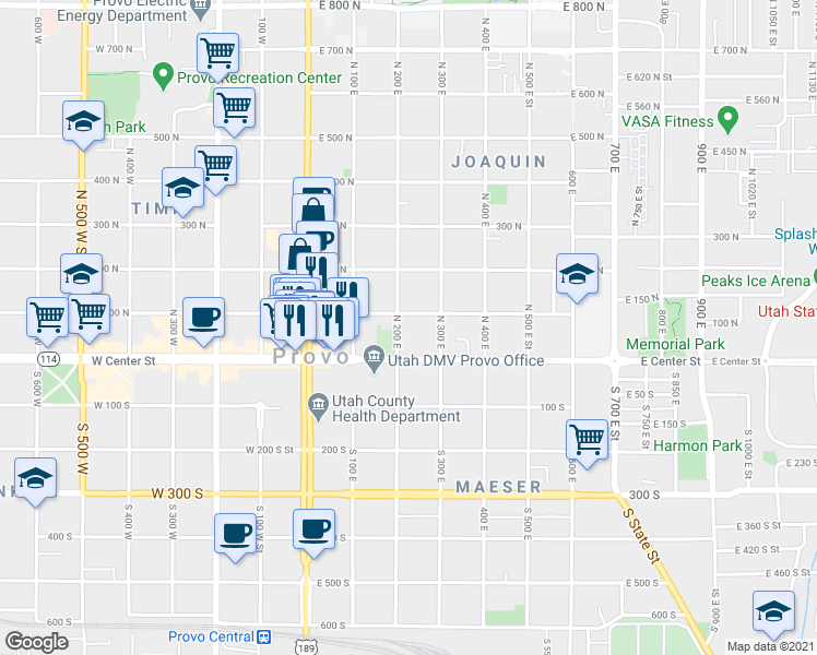 map of restaurants, bars, coffee shops, grocery stores, and more near 45 North 300 East in Provo