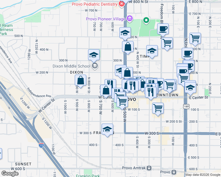 map of restaurants, bars, coffee shops, grocery stores, and more near 1023 600 West in Provo