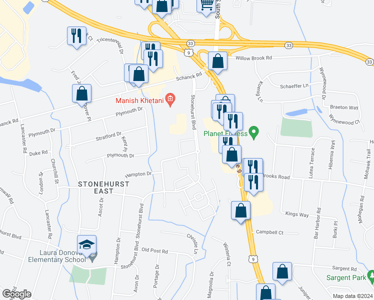 map of restaurants, bars, coffee shops, grocery stores, and more near 2 Windsor Terrace in Freehold