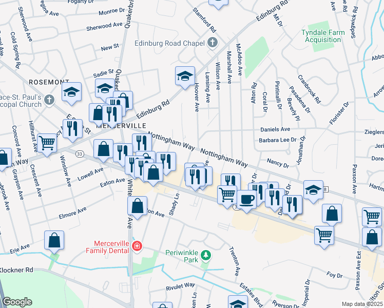 map of restaurants, bars, coffee shops, grocery stores, and more near 36 Shady Lane in Trenton