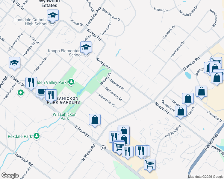 map of restaurants, bars, coffee shops, grocery stores, and more near 849 Gettysburg Drive in Lansdale