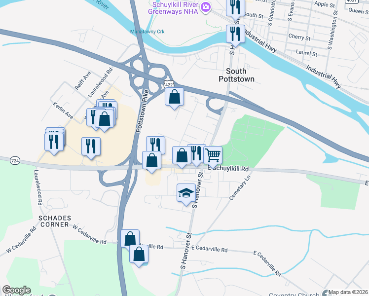 map of restaurants, bars, coffee shops, grocery stores, and more near 614 Kline Avenue in Pottstown