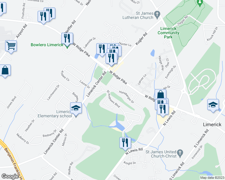 map of restaurants, bars, coffee shops, grocery stores, and more near 206 Hunsberger Drive in Royersford