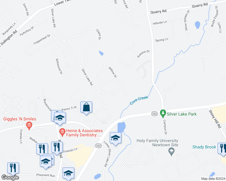 map of restaurants, bars, coffee shops, grocery stores, and more near 122 Thornhill Lane in Newtown
