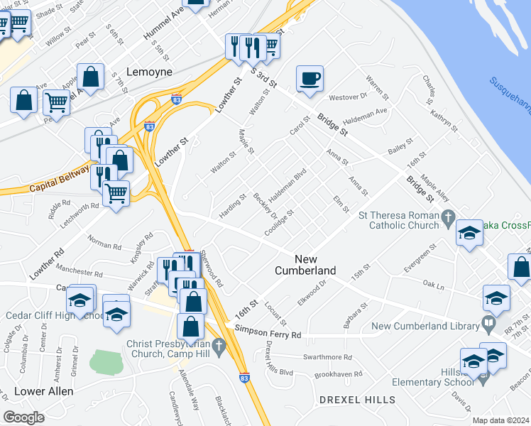map of restaurants, bars, coffee shops, grocery stores, and more near 1730 Beckley Drive in New Cumberland