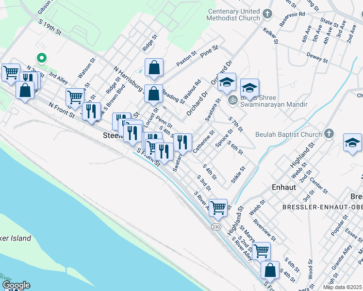map of restaurants, bars, coffee shops, grocery stores, and more near 249 Swatara Street in Steelton
