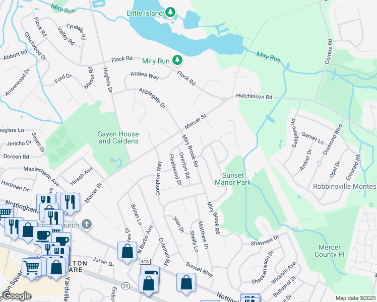 map of restaurants, bars, coffee shops, grocery stores, and more near 130 Miry Brook Road in Hamilton Township