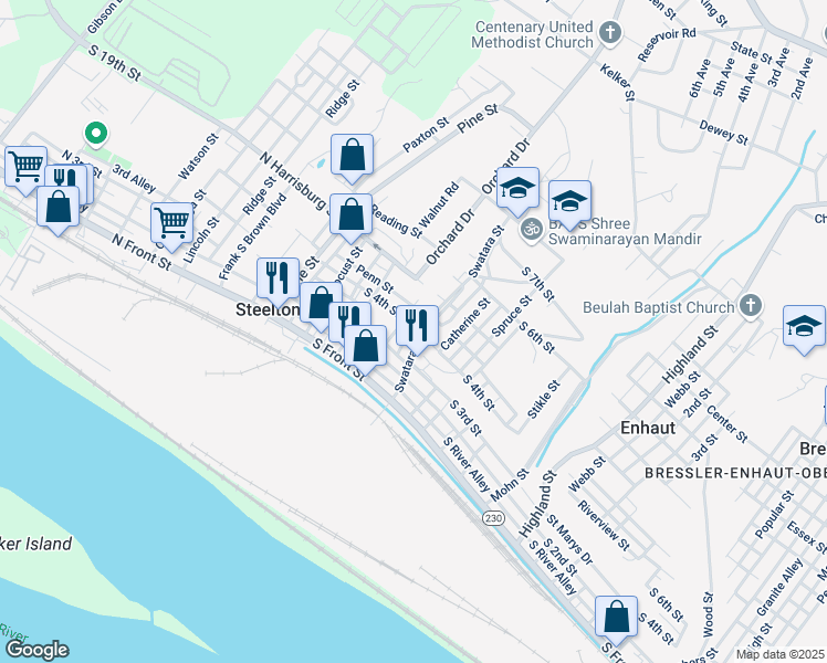 map of restaurants, bars, coffee shops, grocery stores, and more near 249 Swatara Street in Steelton