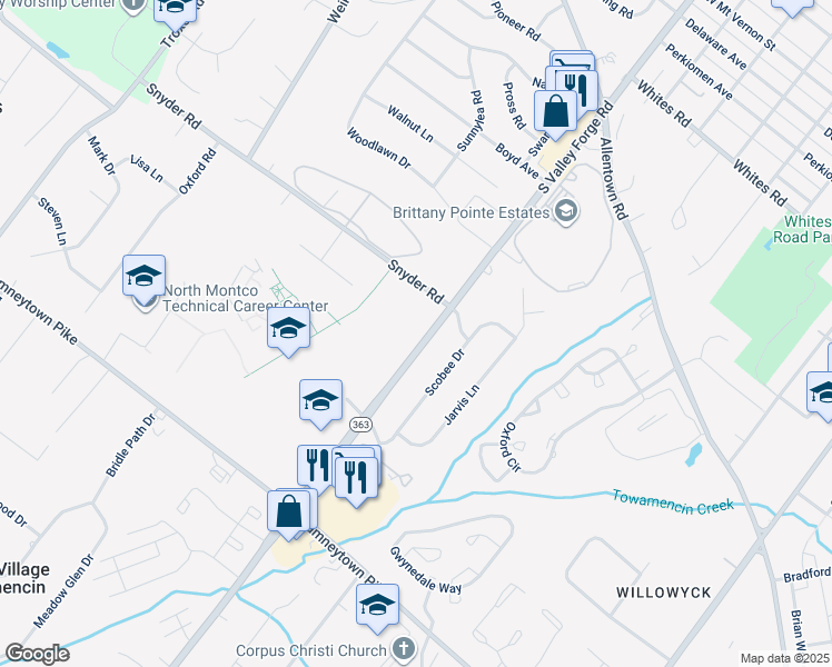 map of restaurants, bars, coffee shops, grocery stores, and more near 1160 South Valley Forge Road in Lansdale