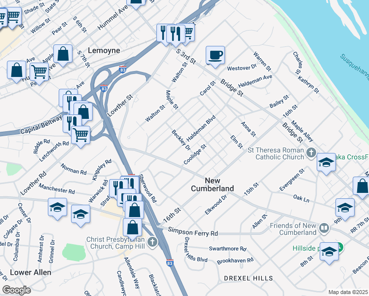 map of restaurants, bars, coffee shops, grocery stores, and more near 1730 Beckley Drive in New Cumberland