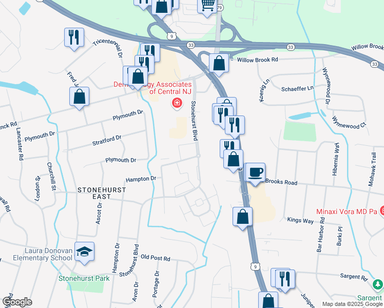 map of restaurants, bars, coffee shops, grocery stores, and more near 2 Windsor Terrace in Freehold