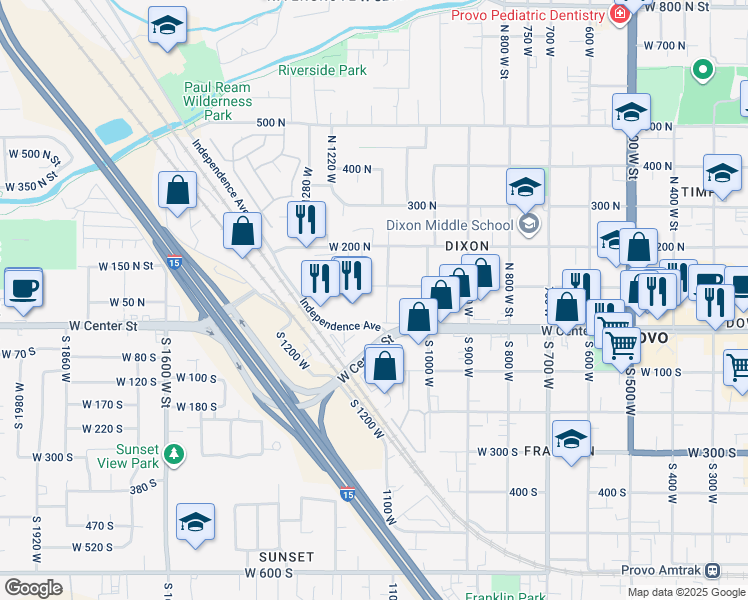 map of restaurants, bars, coffee shops, grocery stores, and more near 65 North 1100 West Street in Provo
