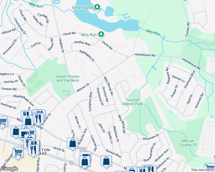 map of restaurants, bars, coffee shops, grocery stores, and more near 130 Miry Brook Road in Hamilton Township