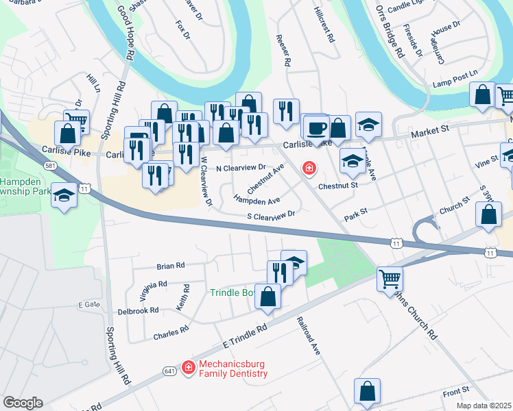 map of restaurants, bars, coffee shops, grocery stores, and more near 4618 Hampden Avenue in Camp Hill