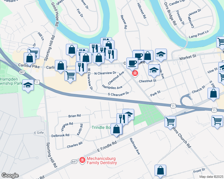 map of restaurants, bars, coffee shops, grocery stores, and more near 4618 Hampden Avenue in Camp Hill