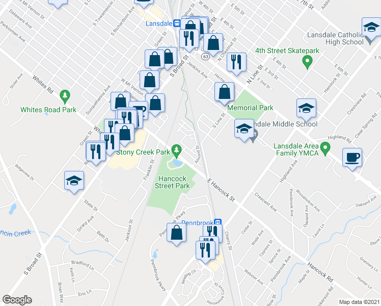 map of restaurants, bars, coffee shops, grocery stores, and more near 214 Compass Drive in Lansdale