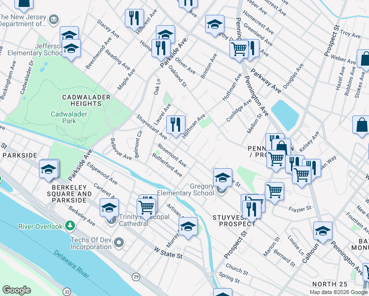 map of restaurants, bars, coffee shops, grocery stores, and more near in Trenton