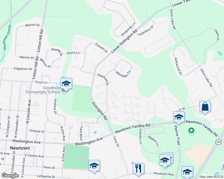 map of restaurants, bars, coffee shops, grocery stores, and more near 554 Atwood Court in Newtown