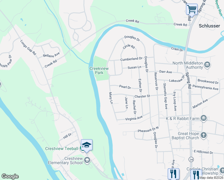 map of restaurants, bars, coffee shops, grocery stores, and more near 1900 Mary Lane in Carlisle