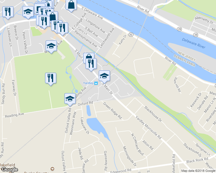 map of restaurants, bars, coffee shops, grocery stores, and more near 114 Yardley Commons in Yardley