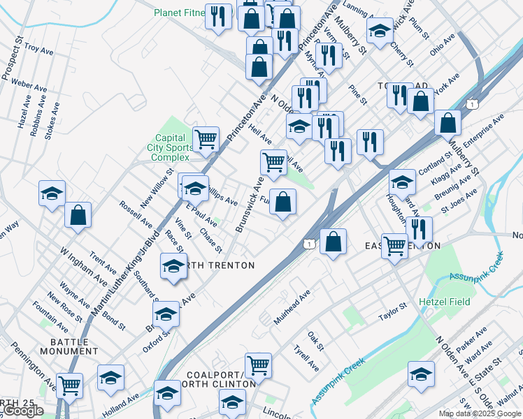 map of restaurants, bars, coffee shops, grocery stores, and more near 80 Phillips Avenue in Trenton