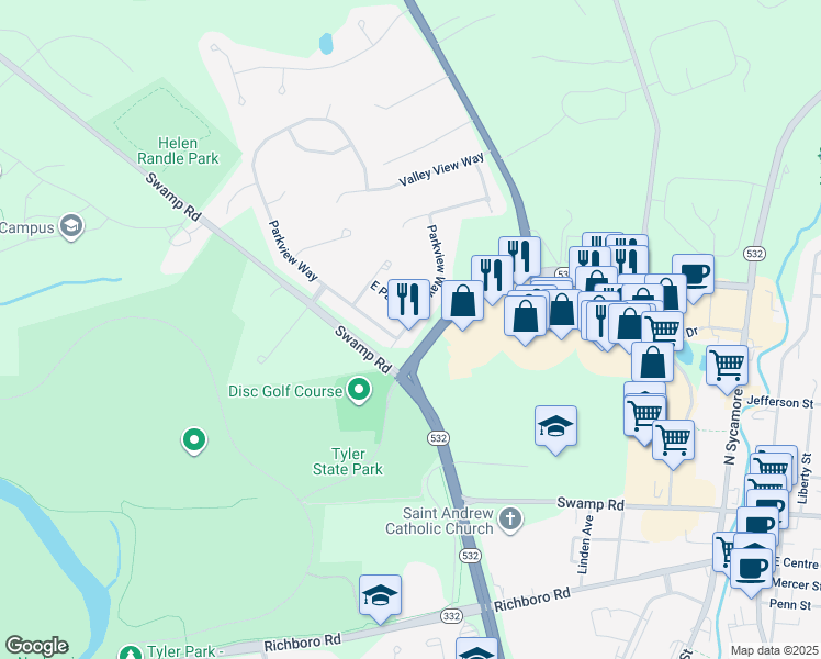 map of restaurants, bars, coffee shops, grocery stores, and more near 127 Parkview Way in Newtown