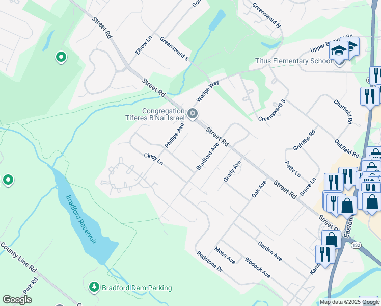 map of restaurants, bars, coffee shops, grocery stores, and more near 544 Bradford Avenue in Warrington