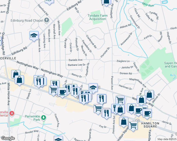 map of restaurants, bars, coffee shops, grocery stores, and more near 56 Jonathan Drive in Hamilton Township