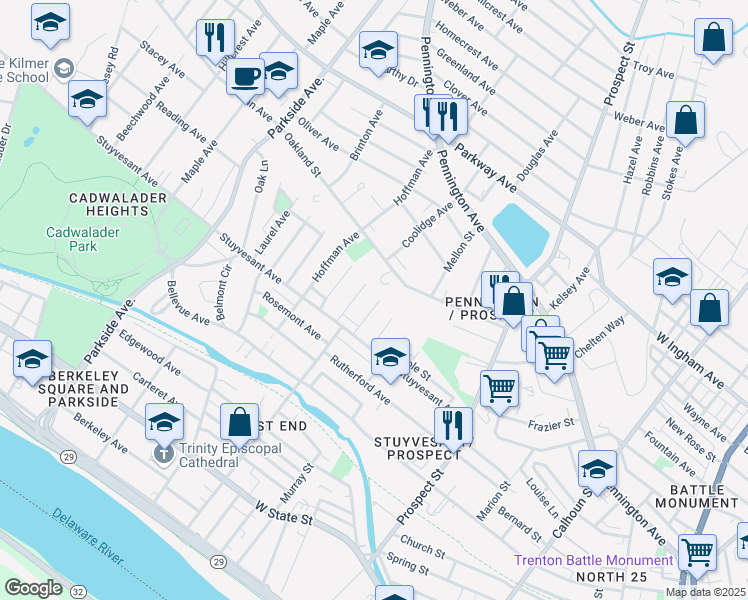 map of restaurants, bars, coffee shops, grocery stores, and more near 63 Christoph Avenue in Trenton