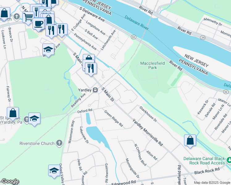 map of restaurants, bars, coffee shops, grocery stores, and more near 114 Yardley Commons in Yardley