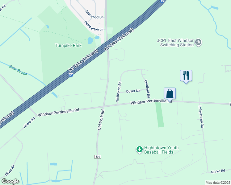 map of restaurants, bars, coffee shops, grocery stores, and more near 19 Whitcomb Road in East Windsor