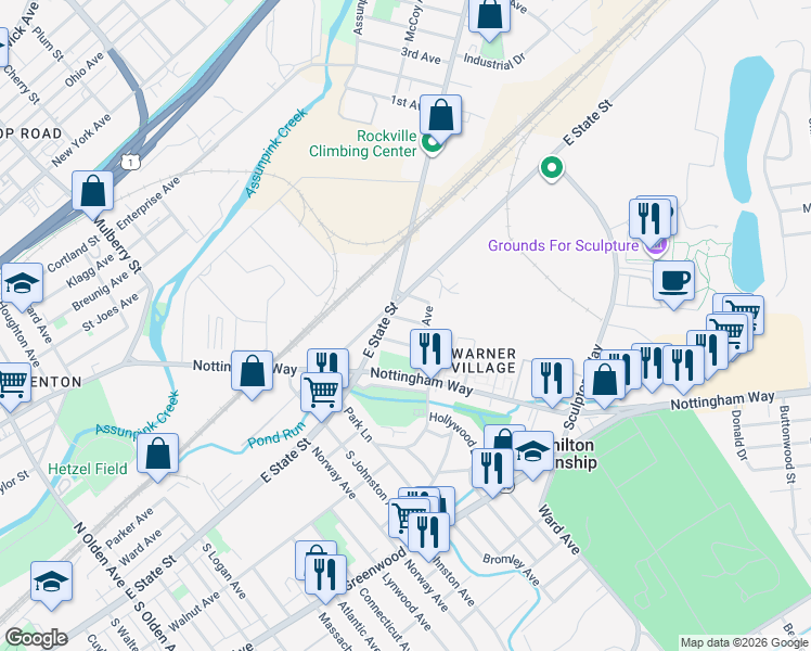 map of restaurants, bars, coffee shops, grocery stores, and more near 34 Victor Avenue in Hamilton Township
